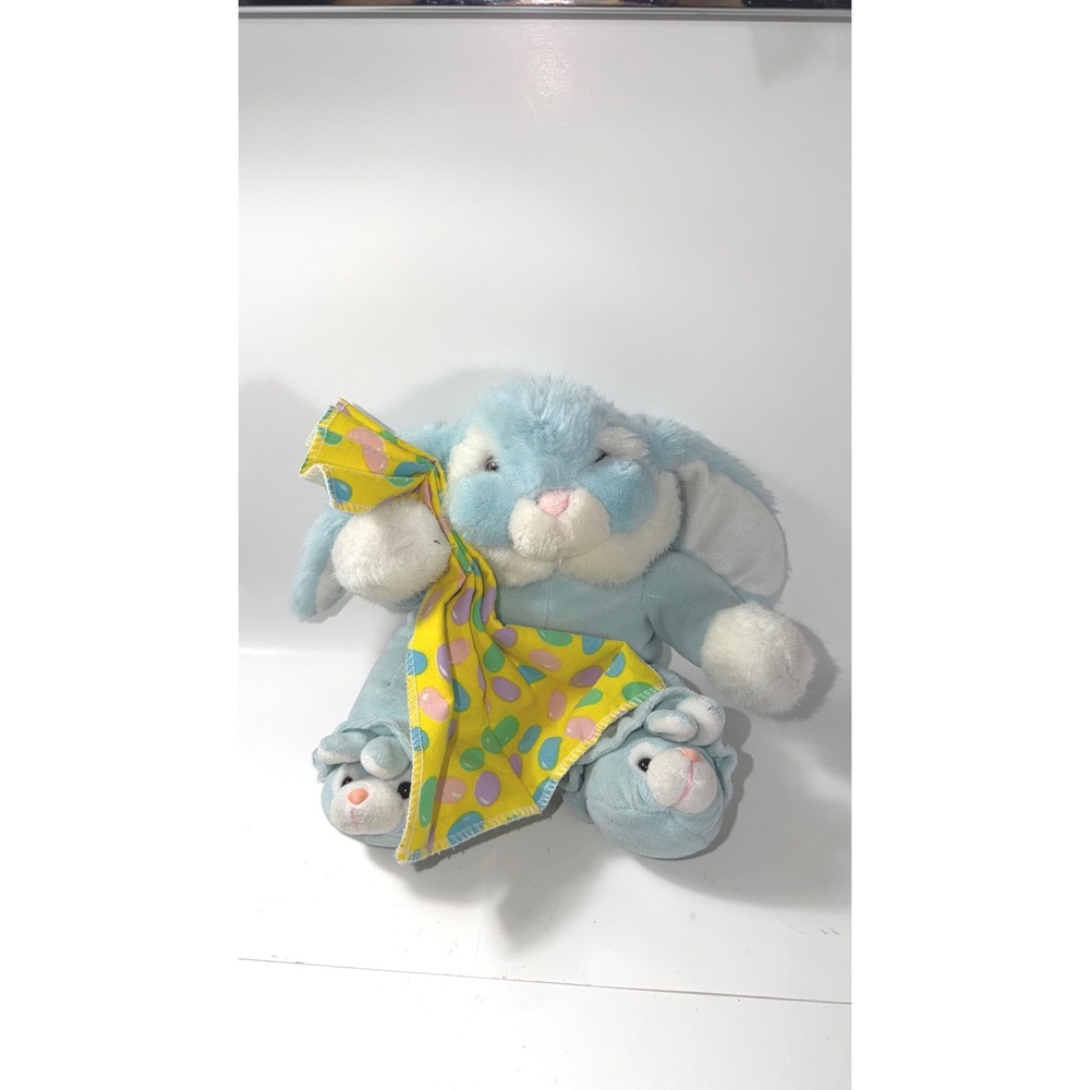 Vintage Commonwealth Blue Bunny Rabbit Plush Ruffle Pajamas Slippers 10 inch